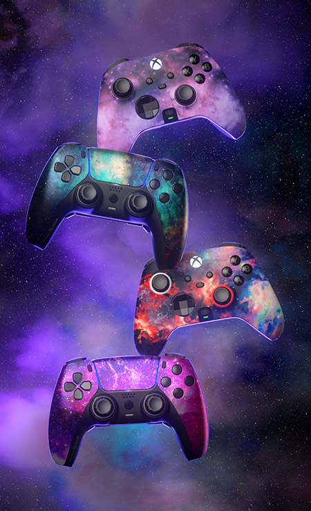 Controllers hovering in front of space background