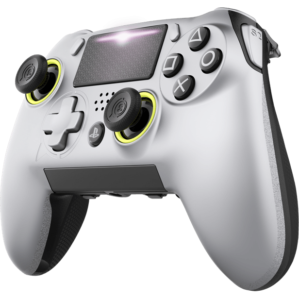 Two Scuf Vantage controllers. One of the controllers is rotated to show the paddles and triggers.