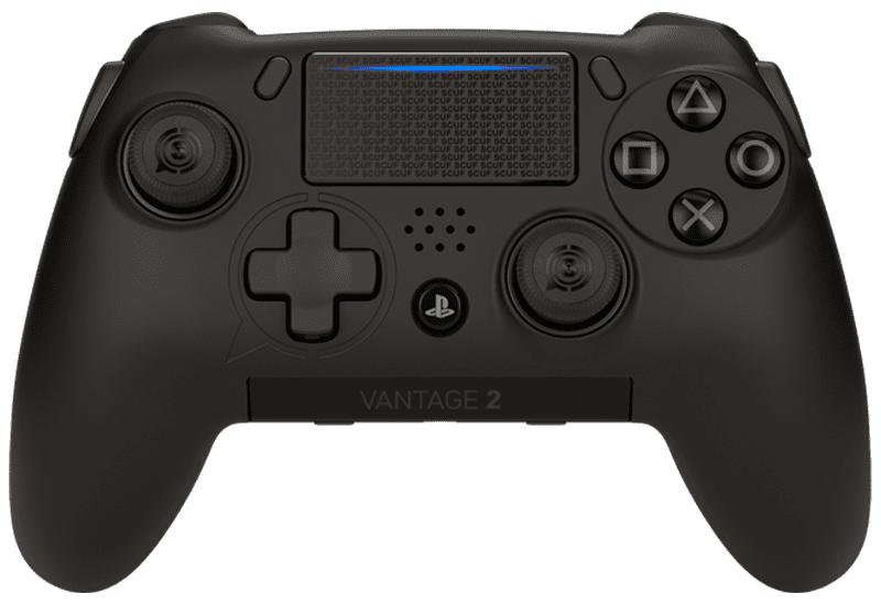 Two Scuf Vantage controllers. One of the controllers is rotated to show the paddles and triggers.